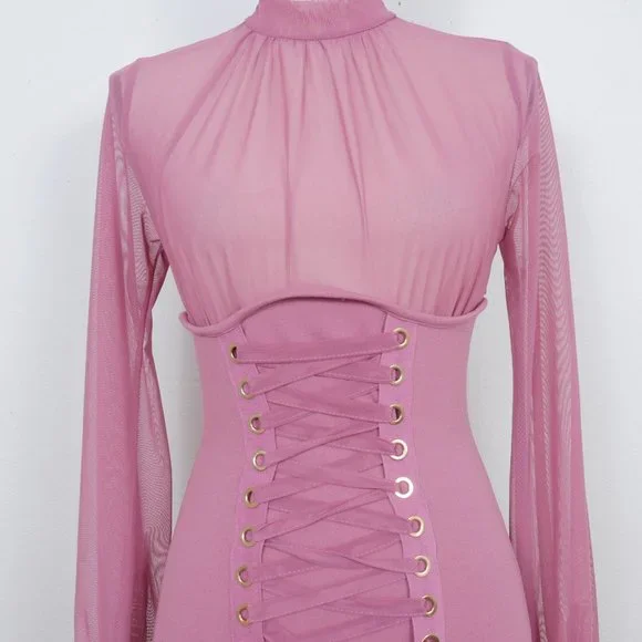 Iris Mauve Pink Sheer Mock Neck Long Sleeve Corset Lace Up SZ S Sexy Y2K Dress - Picture 6 of 14